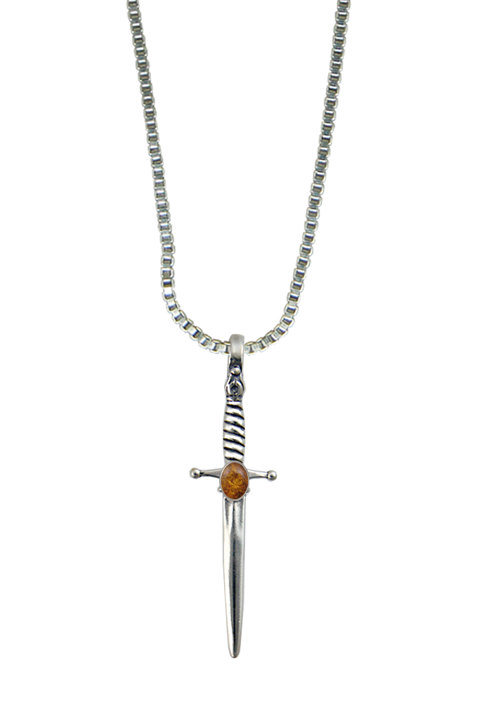 Sterling Silver Detailed French Sword Pendant With Amber